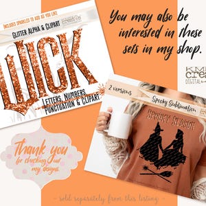 May include: A digital graphic design set featuring the text GLITTER ALPHA & CLIPART and WICK in orange glitter letters. A second image shows a rust-colored t-shirt with a black Spooky Season graphic of two figures and a broomstick.