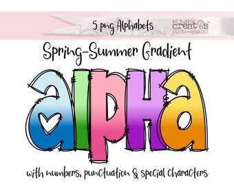 Gradient Spring Summer Alphabet PNG: Doodle Letters & Numbers (Digital Download)