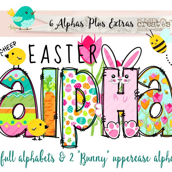 Easter doodle alpha, Easter letters png, EasterBunny alphabet, Kawaii clipart pngs, flower letters png, floral alphabet font, Easter bunny