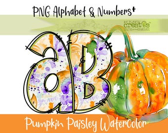 Paisley Pumpkin Alphabet Clipart: Fall Watercolor PNG (Digital Download) Thanksgiving alphabet