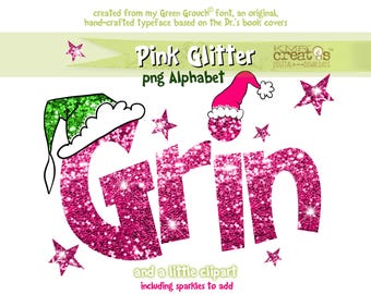 Pink Glitter Christmas Alphabet, Grouch Font & Clipart Set, png Letters for Holiday Crafts