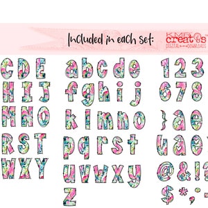 May include: A set of colorful alphabet letters, numbers, and symbols with a watercolor design. The letters are uppercase and lowercase. The numbers are 1 through 0. The symbols include punctuation marks, a heart, a star, and a dollar sign. The text "Included in each set: creates DIGITAL DOWNLOADS" is at the top of the image.