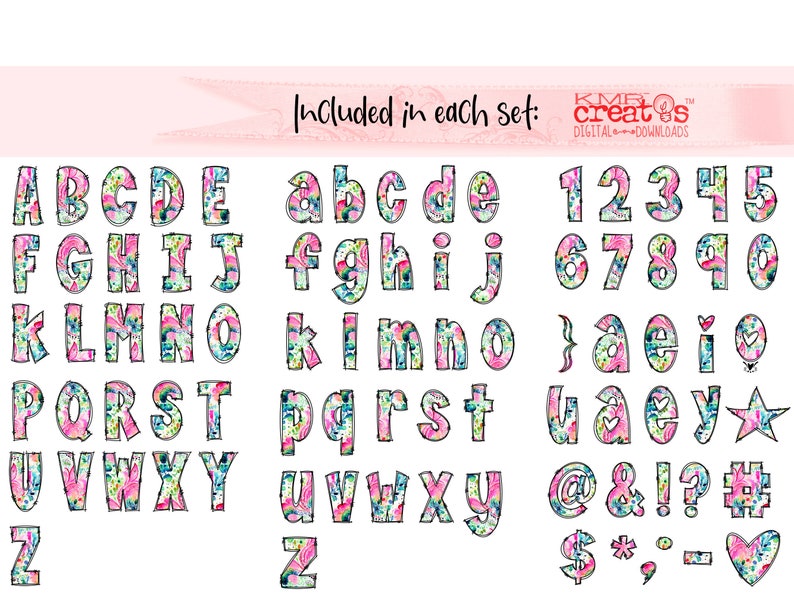 May include: A set of colorful alphabet letters, numbers, and symbols with a watercolor design. The letters are uppercase and lowercase. The numbers are 1 through 0. The symbols include punctuation marks, a heart, a star, and a dollar sign. The text "Included in each set: creates DIGITAL DOWNLOADS" is at the top of the image.