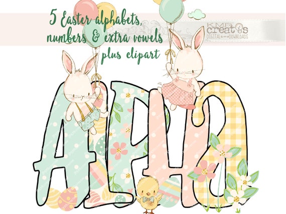 Easter Alphabet Easter letters png,  flower letters png, floral alphabet font, Easter bunny png, Easter chick png, polka dot gingham