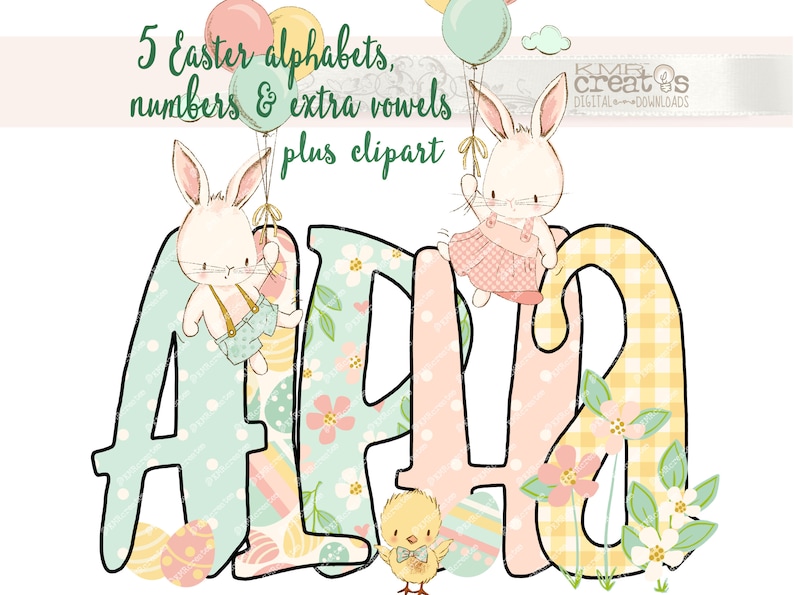 May include: A set of five Easter alphabet letters, decorated with pastel colors, floral patterns, and bunny and chick illustrations. The letters are "ALPHA" with a bunny holding balloons on the "A" and another bunny on the "H".