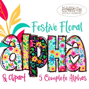 Floral letters png, festive alphabet png, fiesta doodle bundle, Mexican Otomi alpha, Cinco de Mayo Alpha, spring floral alpha, png flower