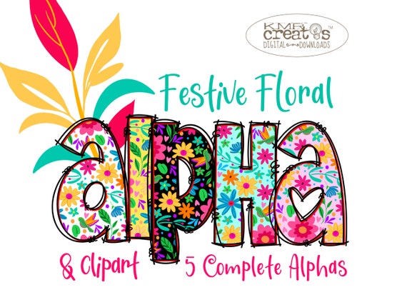 Floral letters png, festive alphabet png, fiesta doodle bundle, Mexican Otomi alpha, Cinco de Mayo Alpha, spring floral alpha, png flower