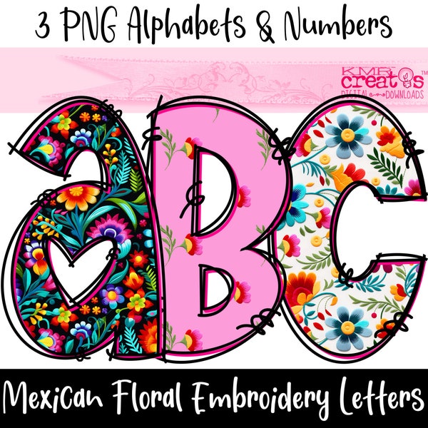 Alphabet mexicain de fleurs de broderie PNG, lettres de broderie, alphabet Otomi png, alpha de Cinco de Mayo, alpha floral mexicain, jour des morts