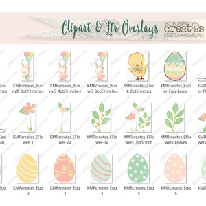 May include: A set of digital clipart and overlays for Easter featuring bunnies, chicks, eggs, and floral designs. The images are in pastel colors and are perfect for crafting and scrapbooking.