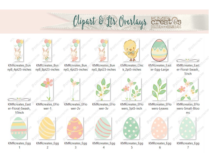 May include: A set of digital clipart and overlays for Easter featuring bunnies, chicks, eggs, and floral designs. The images are in pastel colors and are perfect for crafting and scrapbooking.