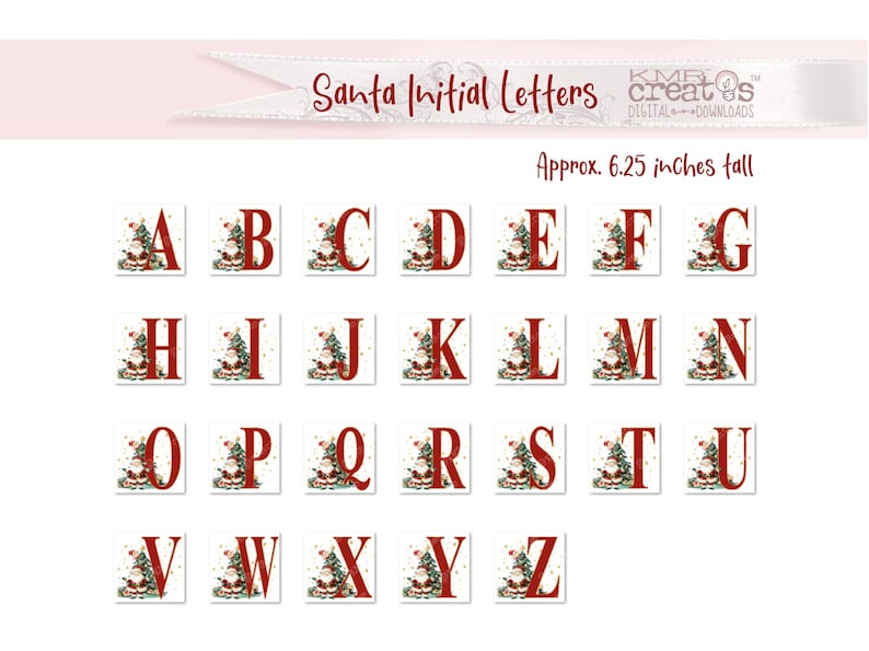 K&ouml;nnte beinhalten: Ein Satz von 26 Alphabetbuchstaben mit einer Illustration von Weihnachtsmann. Jeder Buchstabe ist etwa 15,9 cm hoch und mit einem roten und gr&uuml;nen Weihnachtsthema verziert.