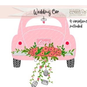 Różowy samochód ślubny png nowożeńcy clipart, ogłoszenie o ślubie, clipart samochodu ślubnego, zaproszenie na ślub, clipart dnia ślubu, przyjęcie
