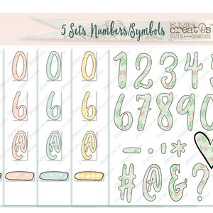 May include: Five sets of numbers and symbols with different floral patterns. The numbers include 0-9 and an exclamation point. The symbols include a hyphen, period, asterisk, heart, number sign, at symbol, ampersand, question mark, and dollar sign.