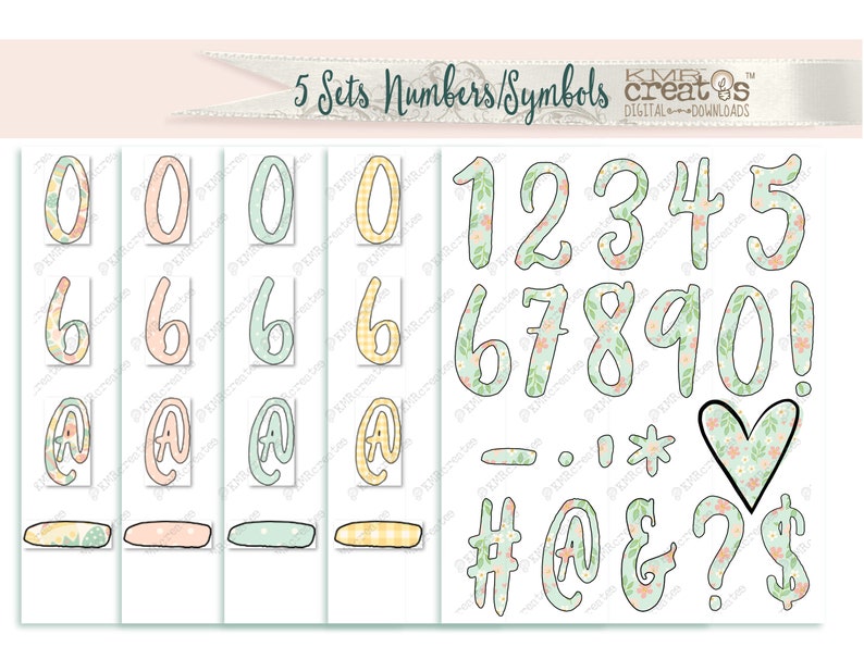 May include: Five sets of numbers and symbols with different floral patterns. The numbers include 0-9 and an exclamation point. The symbols include a hyphen, period, asterisk, heart, number sign, at symbol, ampersand, question mark, and dollar sign.
