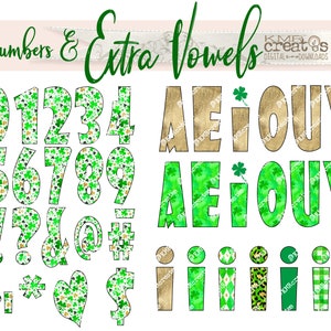 May include: Green and gold shamrock patterned numbers 0-9, exclamation point, question mark, ampersand, at symbol, pound sign, period, asterisk, heart, and dollar sign. Green and gold shamrock patterned letters A, E, I, O, U, and Y. Gold letters A, E, I, O, U, and Y. Green and gold shamrock patterned circles with different patterns.
