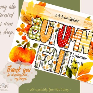 May include: A digital graphic design sheet featuring the text AUTUMN FALL in large, patterned block letters. The letters include plaid, polka dot, and leaf motifs in orange, red, and green. Watercolor illustrations of pumpkins and leaves surround the text.