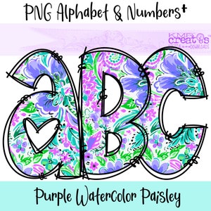 Viola acquerello Paisley floreale Alpha, lettere scarabocchiate png, alfabeto floreale png, stile preppy, arcobaleno luminoso alfa, numeri floreali png