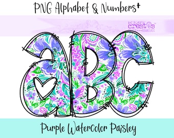 Alfabeto floral de cachemira de acuarela púrpura, letras garabatos png, alfabeto floral png, estilo preppy, arco iris brillante alfa, números florales png