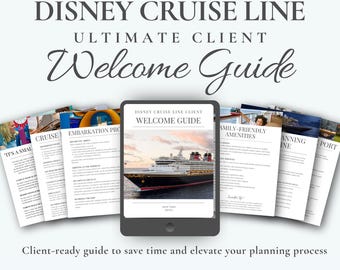 May include: A digital set of Disney Cruise Line travel agent templates featuring a central tablet display showing a cruise ship, surrounded by multiple document pages with text headers like Embarkation Pro, Family-Friendly Amenities, and Planning.