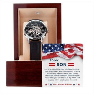 Gift to Military Son from Mother, Proud Military Mom, Skeleton Dial Openwork Watch, Bootcamp or Deployment Gift for Son from Mom, Army Son