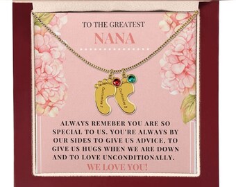 Nana Necklace, Grandchild Footprint Birthstone Necklace, New Nana Gift, Custom Baby Feet Necklace, Mother's Day Gift from Grandchildren