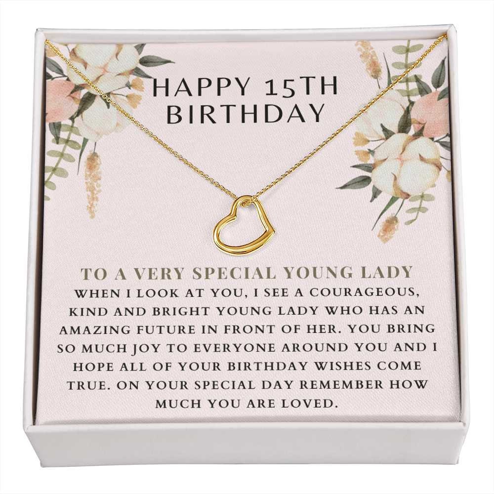 15th Birthday Gift for Her - Necklace for 15 Year Old - Beautiful Teenage Girl Birthday Pendant 18K Yellow Gold Finish / Luxury Box w/LED