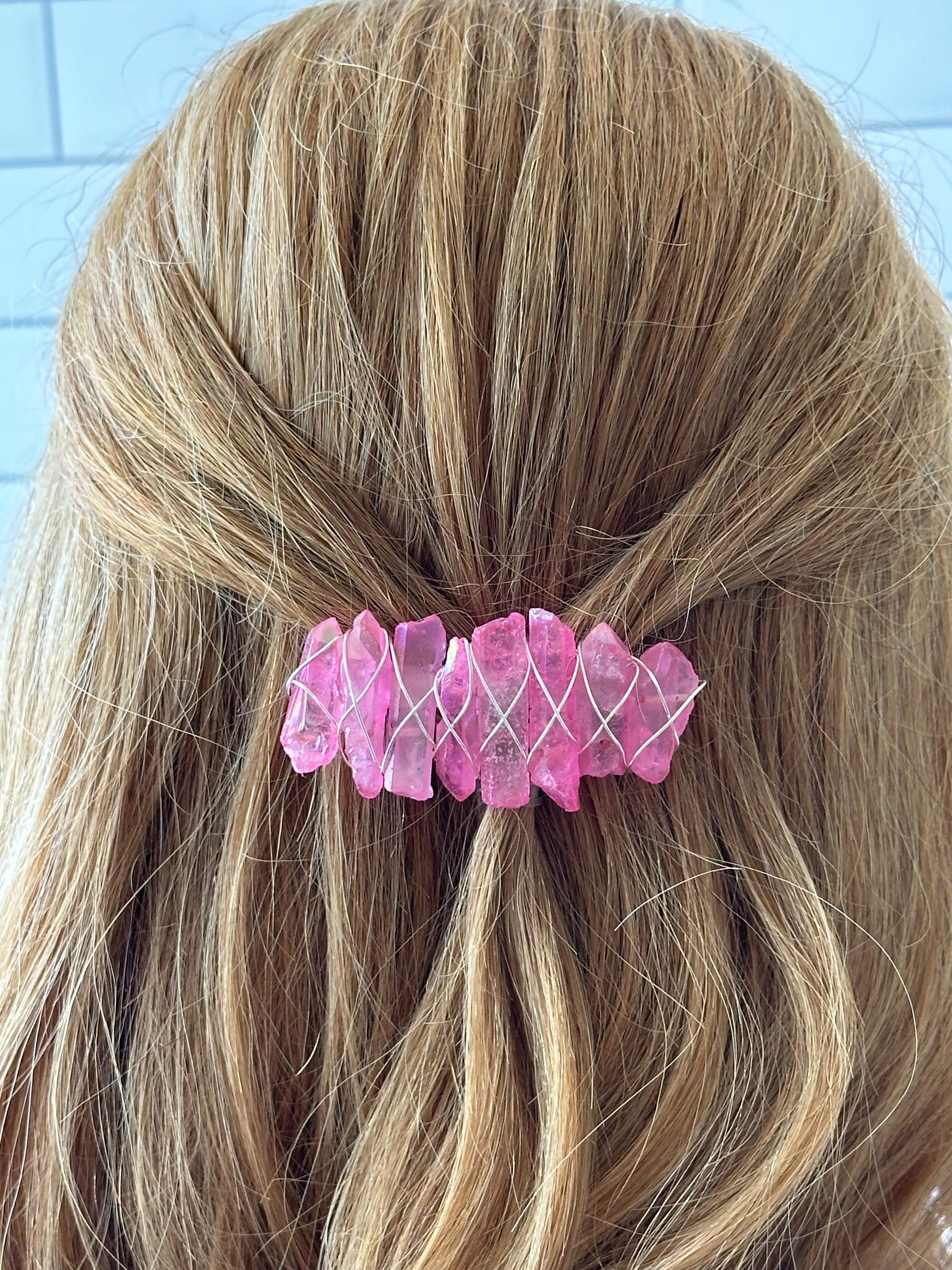 Pink Quartz Crystal Barrette With Silver Wire - Etsy display picture 1