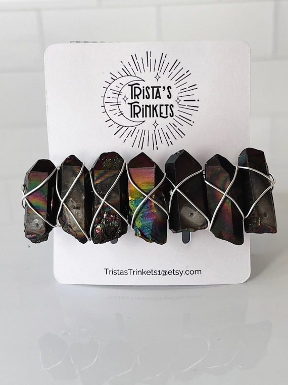 Black Titanium Quartz Barrette with Silver Wire, Healing Crystal Hair Clip