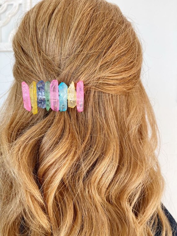 Multi colored Quartz Point Barrette is a unique way to wear healing crystals.