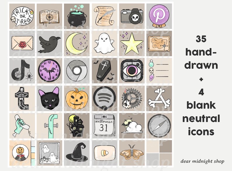 Puede incluir: Un conjunto de 39 iconos de Halloween dibujados a mano en formato de cuadr&iacute;cula. Los iconos son en negro, blanco, gris, verde, morado, naranja y amarillo. Los iconos incluyen un fantasma, un sombrero de bruja, una calabaza, una ara&ntilde;a, una calavera, un caldero, un murci&eacute;lago, una luna creciente, una estrella, un ma&iacute;z dulce, una l&aacute;pida, un reloj, un esqueleto, un gato, un hueso, una c&aacute;mara, una br&uacute;jula, un tel&eacute;fono, un logotipo de redes sociales, una casa, un calendario, un rollo, una botella de poci&oacute;n, un logotipo de Pinterest, un mapa del tesoro y un icono en blanco. El texto "Trick or Treat" est&aacute; en un bocadillo en la esquina superior izquierda. El texto "Halloween 31" est&aacute; en un icono de calendario en la esquina inferior derecha.