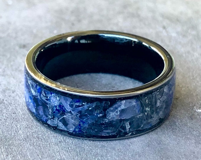 Handmade tanzanite inlay ring in tungsten. Size 10, 8mm width.