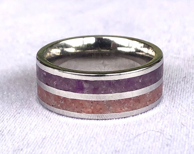Handmade amethyst and pink coral 2 channel steel ring size 8, 8mm width