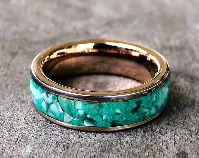 Handmade jade and malachite inlay ring in 14k plated tungsten. Size 6, 6mm width.