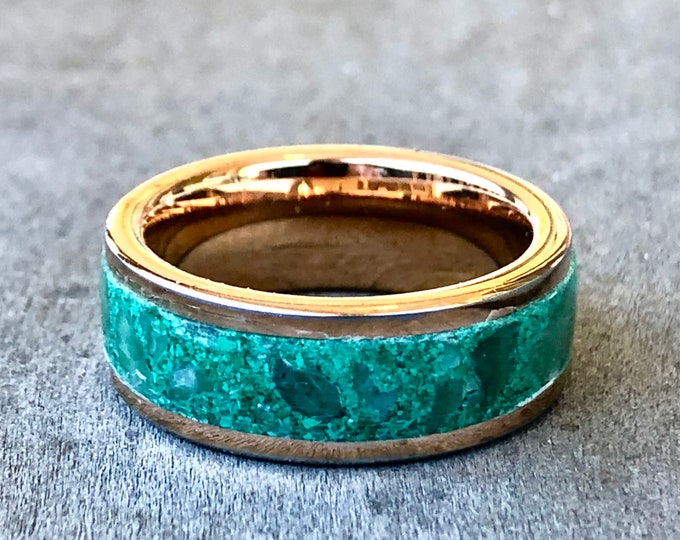 Handmade jade and malachite inlay ring in 14k plated tungsten. Size 8, 8mm width.