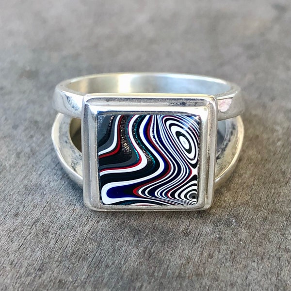 Size 8 Unique Fordite ring, Handmade - sterling silver (Detroit agate)