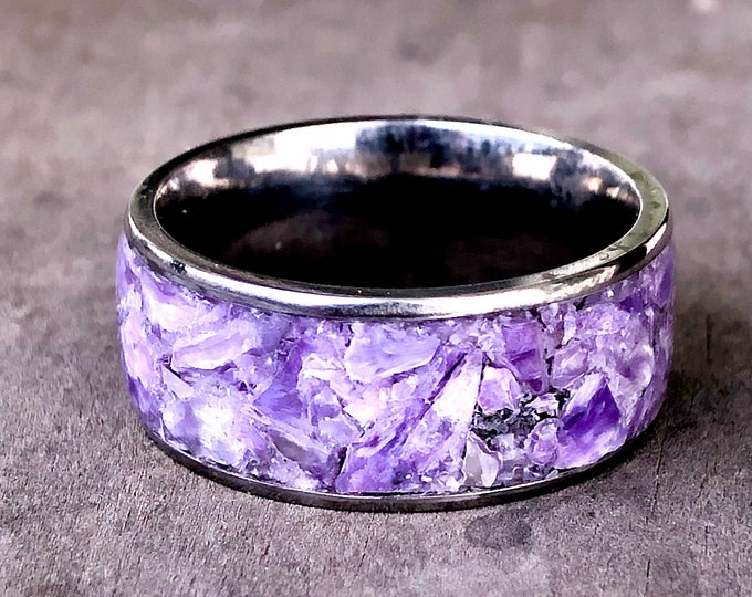 Handmade Charoite inlay ring in steel size 11.5