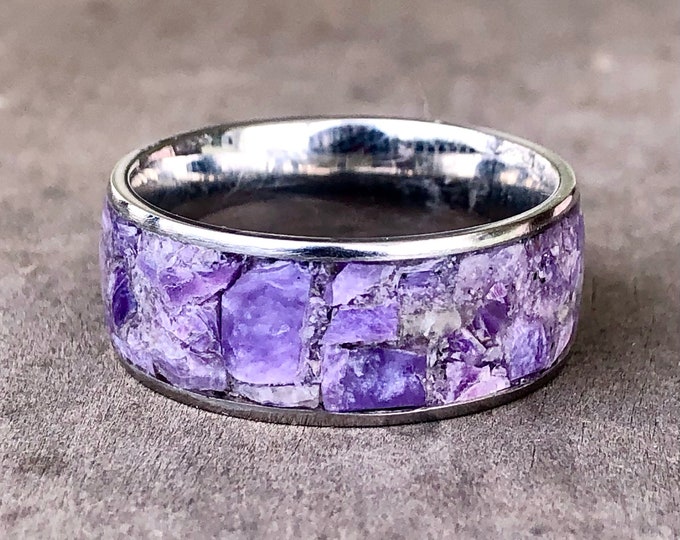 Handmade Charoite inlay ring in steel size 13