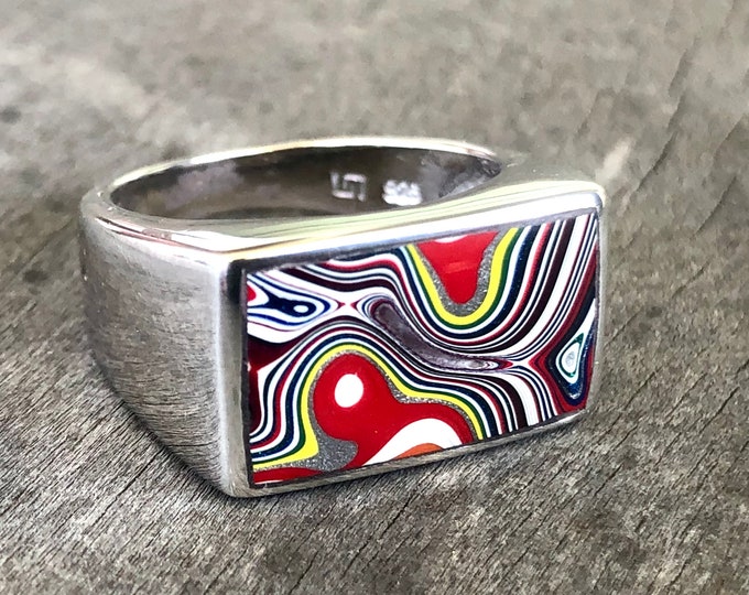 Unique Fordite ring, Handmade - sterling silver size 7 (Detroit agate)