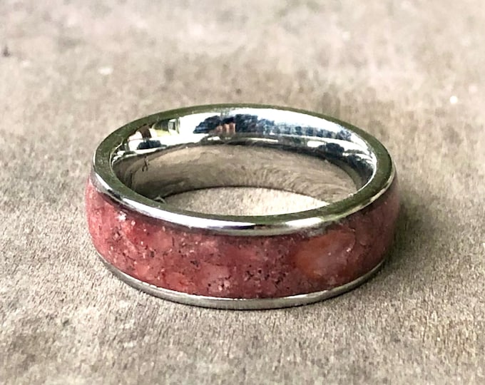 Handmade pink coral inlay ring in steel. Size 5, 6mm width.