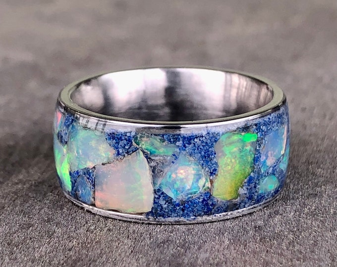 Handmade opal and lapis inlay ring in steel. Size 9, 10mm width.