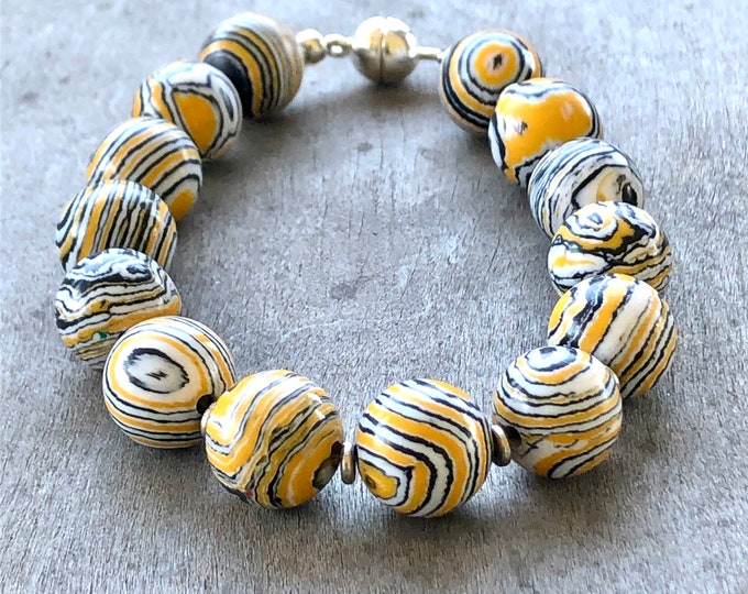 Handmade “yellow peacock malachite” (calcite) bead bracelet 8”