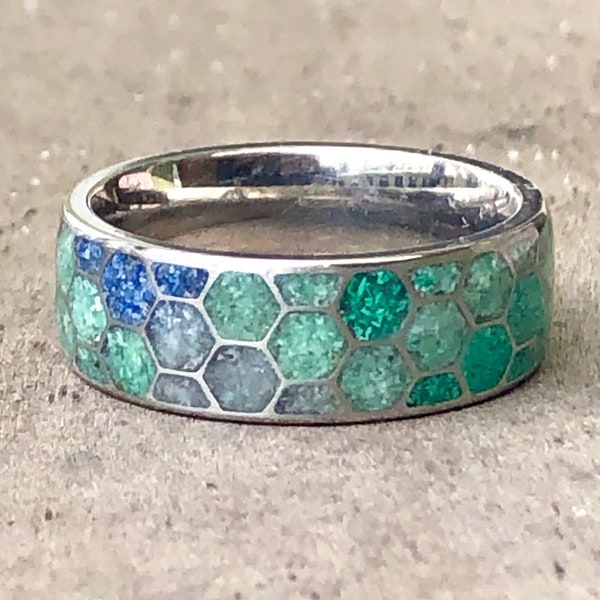 Handmade beehive gem inlay ring w/ jade, malachite, aquamarine and lapis in titanium