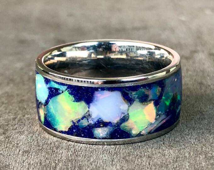 Handmade opal and lapis inlay ring in steel. Size 9, 10mm width.