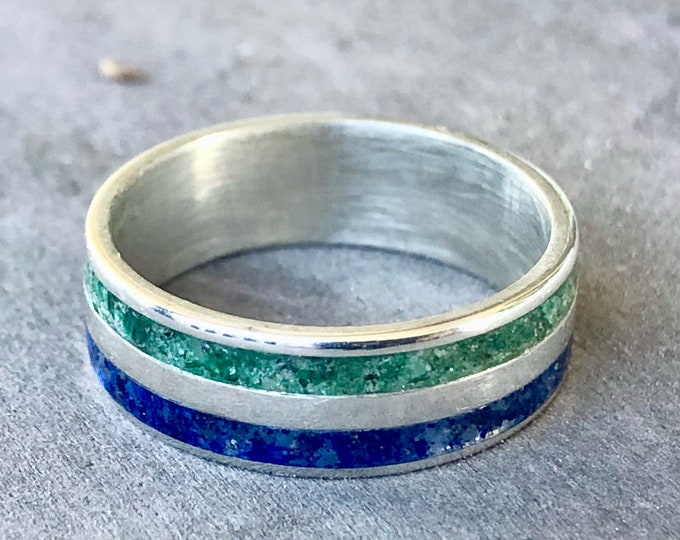 Handmade lapis and green mica inlay ring in sterling silver. Size 8, 6mm width.