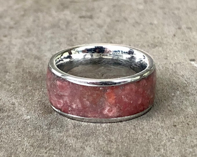 Handmade pink coral inlay ring in steel. Size 5, 8mm width.