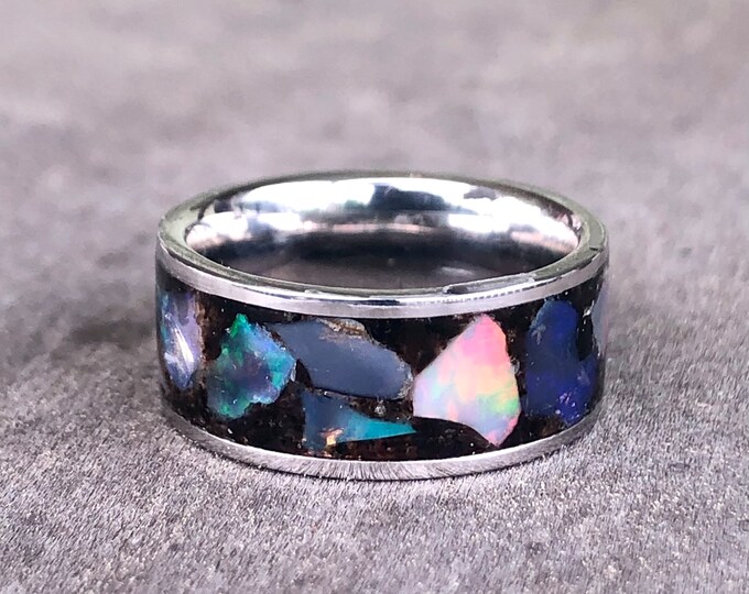 Handmade black opal and onyx inlay ring in steel. Size 5.5, 8mm width