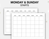 Printable Monthly Blank Calendar, Simple Calendar, Horizontal Printable Calendar Pages, PDF Instant Download Calendar