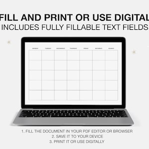 K&ouml;nnte beinhalten: Ein digitaler Wochenplaner, der auf dem Bildschirm eines Laptops angezeigt wird. Der Planer hat ein einfaches Rasterlayout mit den Wochentagen, die oben beschriftet sind. Der Text auf dem Bildschirm lautet "F&Uuml;LLEN SIE DAS DOKUMENT IN IHREM PDF-EDITOR ODER BROWSER, SPEICHERN SIE ES AUF IHREM GER&Auml;T, DRUCKEN SIE ES ODER VERWENDEN SIE ES DIGITAL."