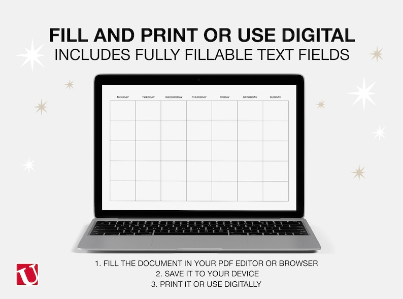 K&ouml;nnte beinhalten: Ein digitaler Wochenplaner, der auf dem Bildschirm eines Laptops angezeigt wird. Der Planer hat ein einfaches Rasterlayout mit den Wochentagen, die oben beschriftet sind. Der Text auf dem Bildschirm lautet "F&Uuml;LLEN SIE DAS DOKUMENT IN IHREM PDF-EDITOR ODER BROWSER, SPEICHERN SIE ES AUF IHREM GER&Auml;T, DRUCKEN SIE ES ODER VERWENDEN SIE ES DIGITAL."