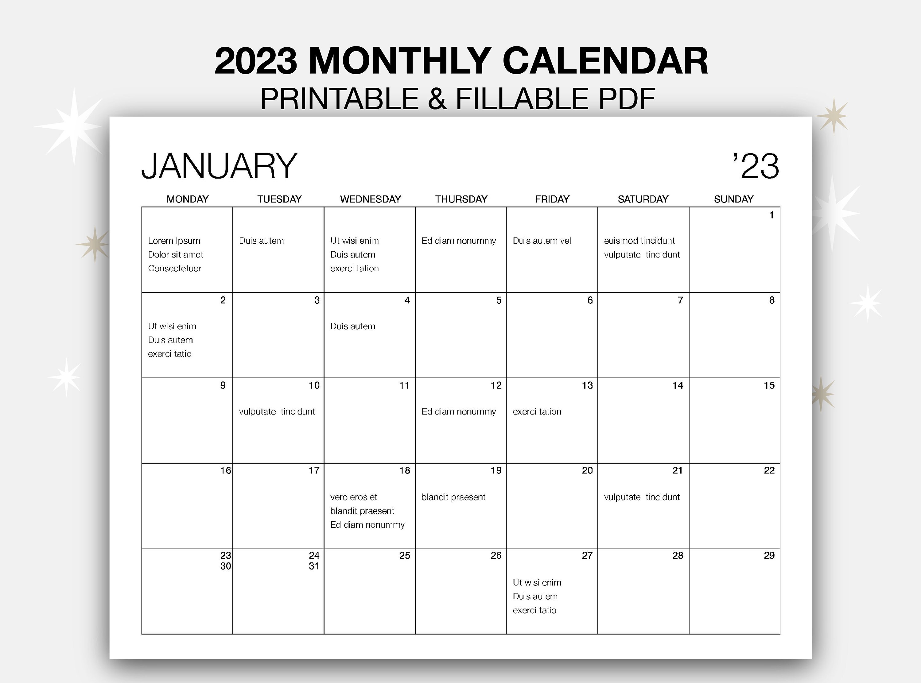 Monthly printable and fillable calendar monthly pdf calendar 2023